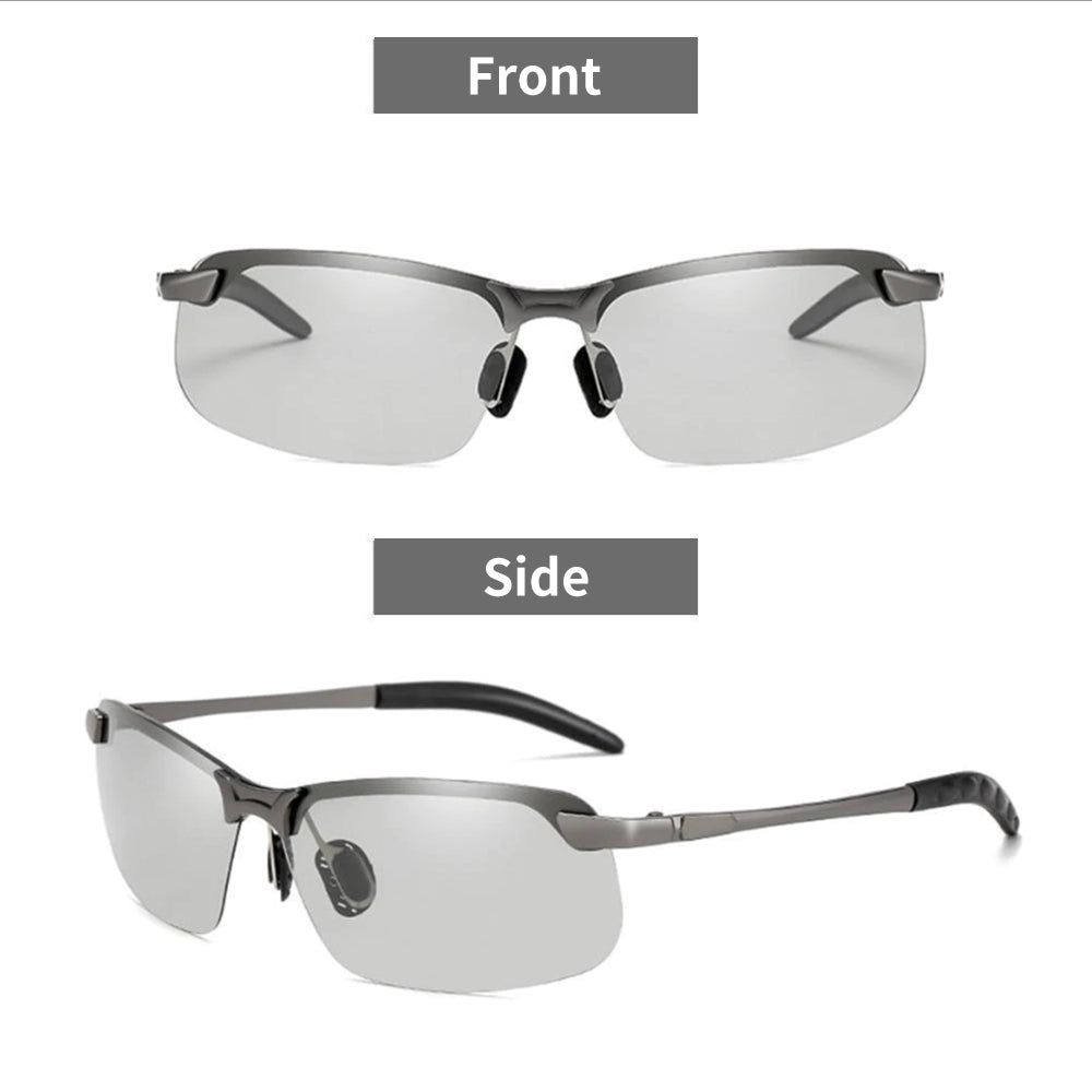 Modern unisex sunglasses with photochromic anti-glare polarized lenses, full UV defense.