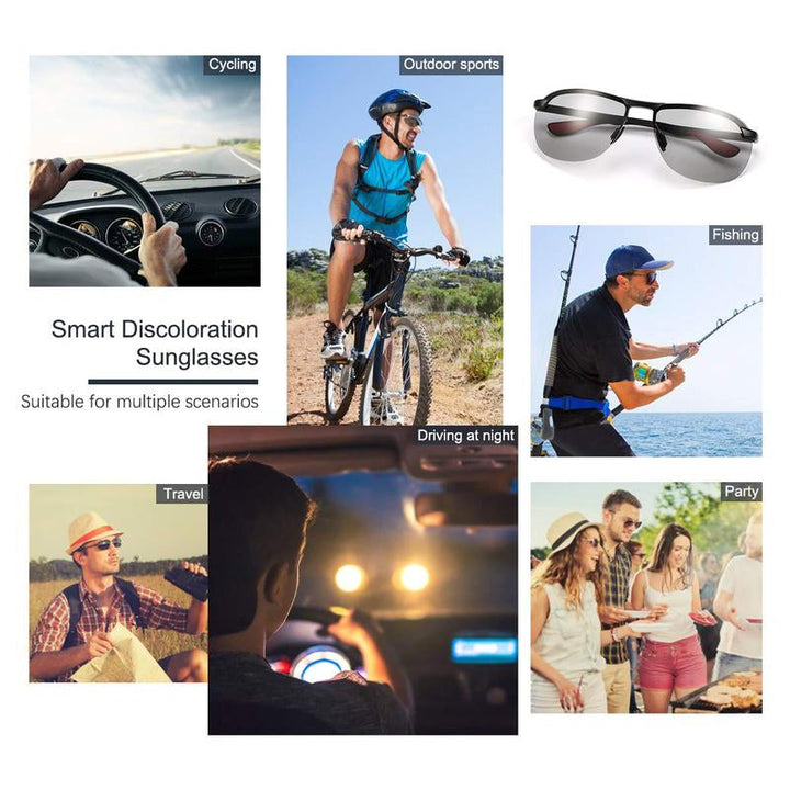 Unisex anti-glare polarized sunglasses, photochromic for changing light, great for outdoor use.