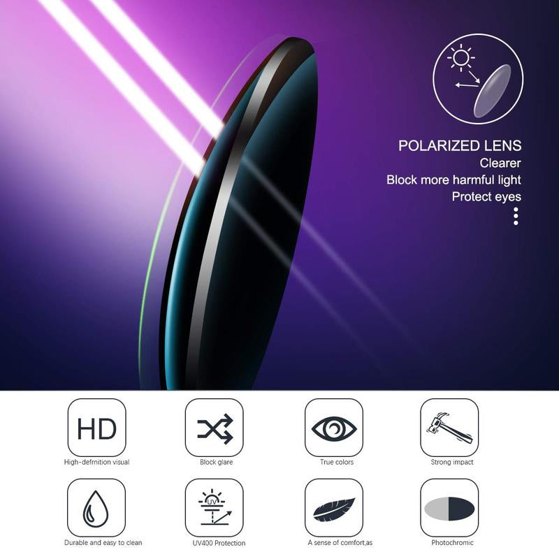 Black frame photochromic polarized sunglasses, unisex design, anti-glare for active wear.