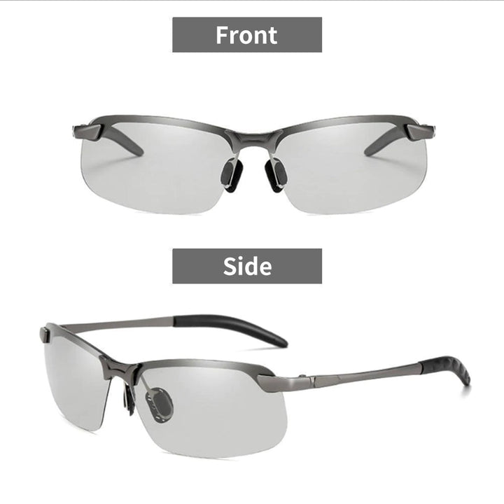 Side view of unisex photochromic polarized anti-glare sunglasses, showing sleek design.