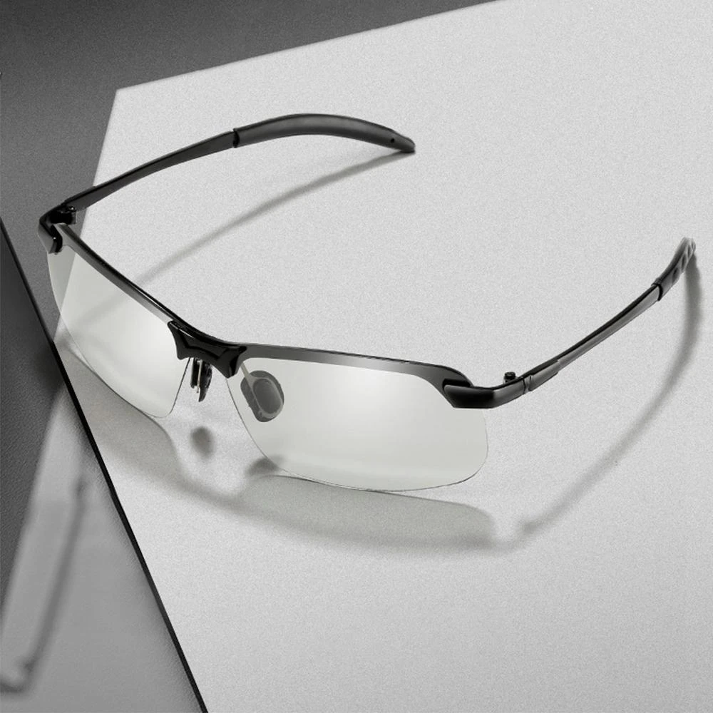 Performance unisex photochromic sunglasses with anti-glare polarized lenses, UV protection.