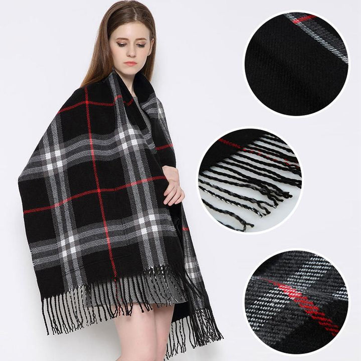 Bundle of unisex plaid wrap shawls with pockets in various complementary color combinations, warm options