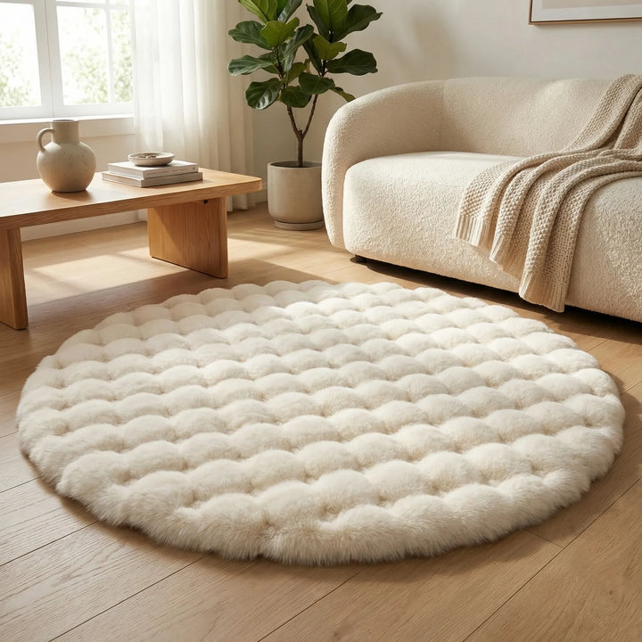 Unisex plush round area rug with Flowique wave pattern, perfect for cozy living room and bedroom decor.
