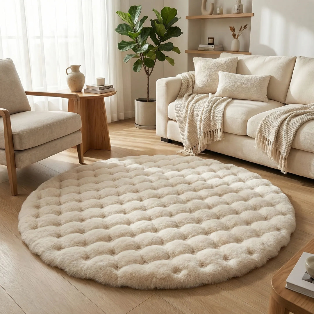Cozy round bedroom rug, soft plush texture and elegant wave pattern for a comforting home decor.