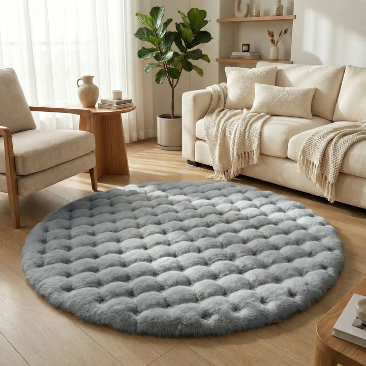 Tufted plush round rug featuring Flowique waves, an inviting focal point for your cozy home decor.