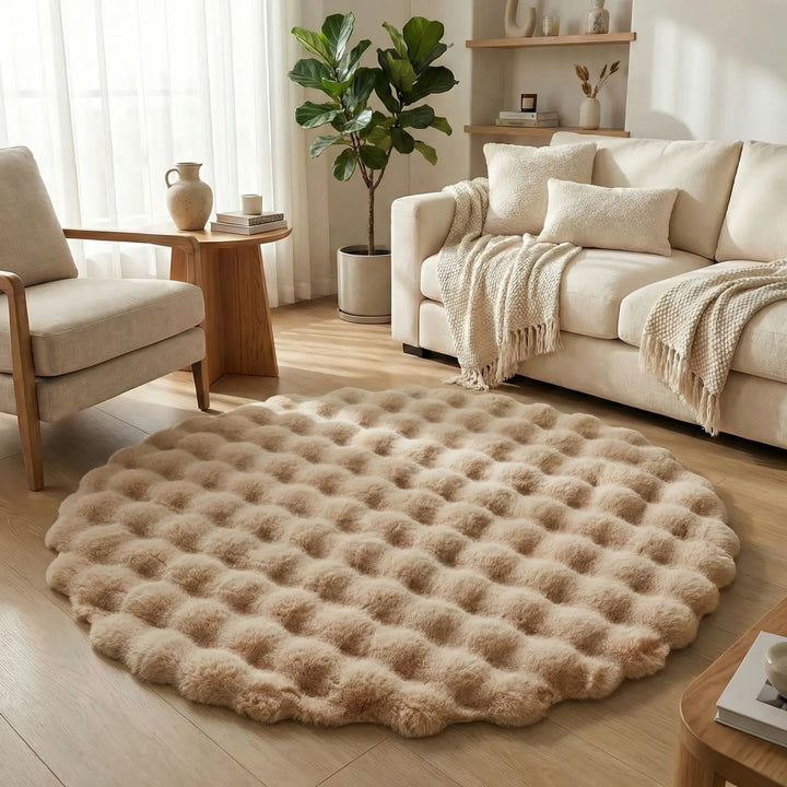Luxurious soft round area rug with elegant wave pattern, enhancing any bedroom or living room.