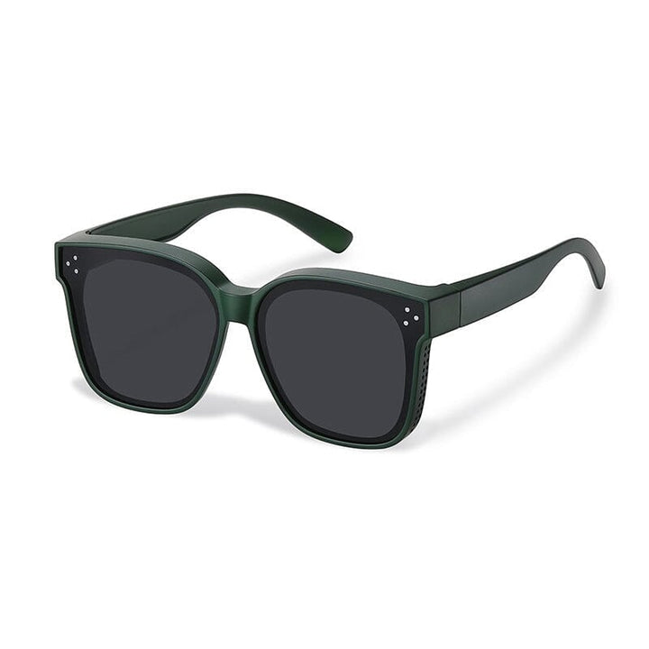 Detailed image of the polarized lens technology in unisex fit over sunglasses, UV400 rated