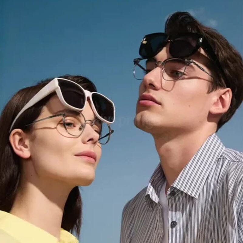Close-up of black fit over polarized sunglasses, showing UV400 lens and side view