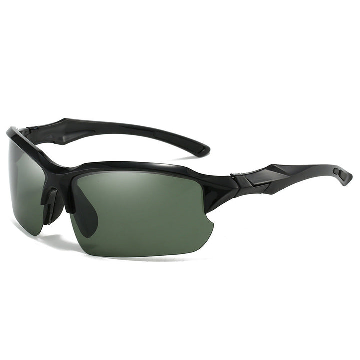 Close-up of polarized sport sunglass lens, showcasing glare reduction & UV protective coating for clear sight.