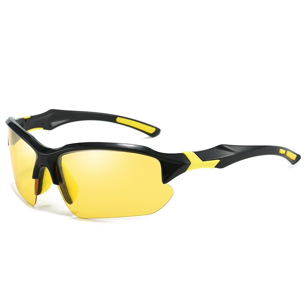 Athlete wearing unisex polarized sport sunglasses, enhanced vision & comfort during outdoor performance.