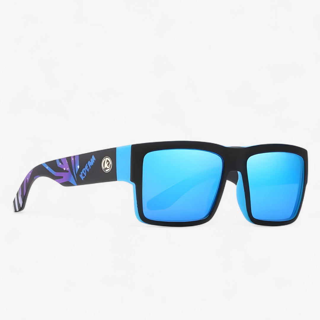 Close-up: Sleek black polarized sports sunglasses, lightweight, durable frame for active outdoor wear.