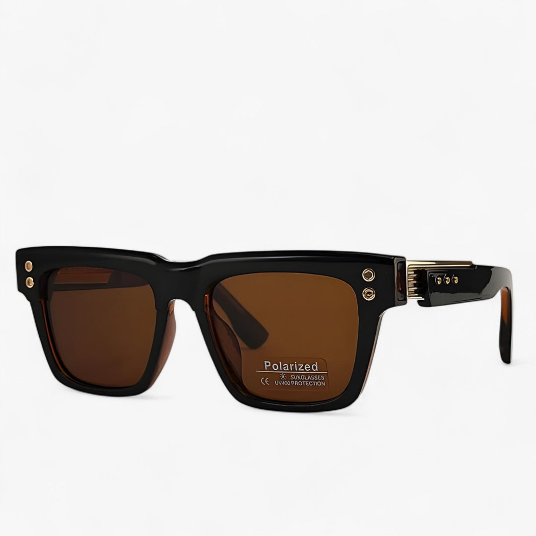 Front view of angular unisex polarized steampunk sunglasses, UV400 protection.