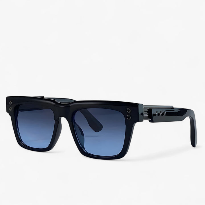 Stylish unisex steampunk sunglasses on model's face, polarized lenses for clear vision.