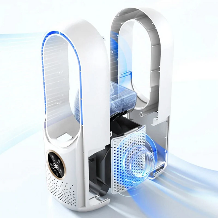 Desk fan mini AC, blade-free and portable, provides personal cooling for home or office.