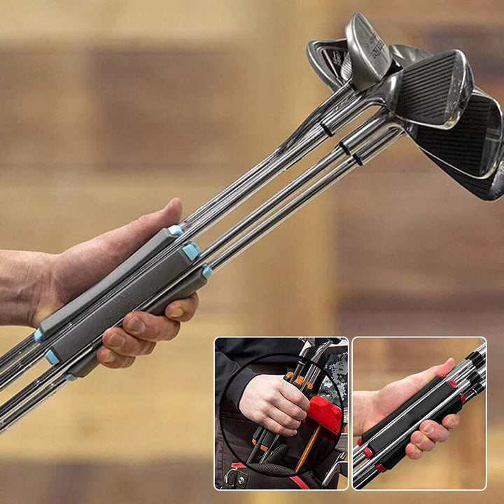 Close-up of portable golf club carrier showing durable fabric and club slots, perfect for the golf course