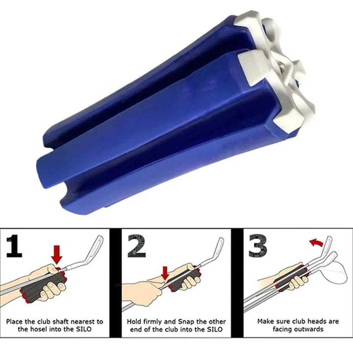 Golf club carrier retaining several clubs, demonstrating secure hold and convenience for golfers