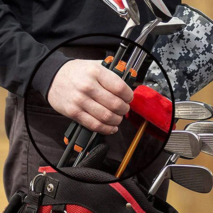 Side view of a golf club carrier, elongated to neatly carry various types of golf clubs