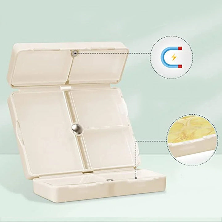Close-up of a portable magnetic pill case, demonstrating its 7 individual compartments for pills