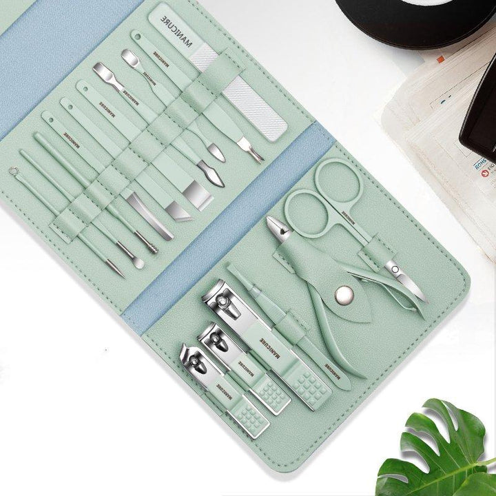 Close-up of the durable stainless steel tools in a portable manicure pedicure grooming kit
