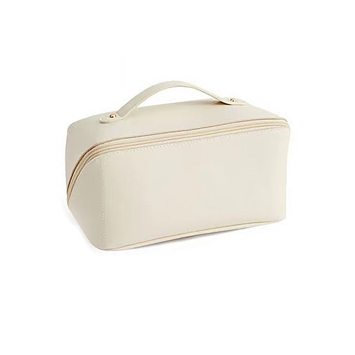 Group of assorted travel cosmetic organizers in various colors, all featuring waterproof PU material.