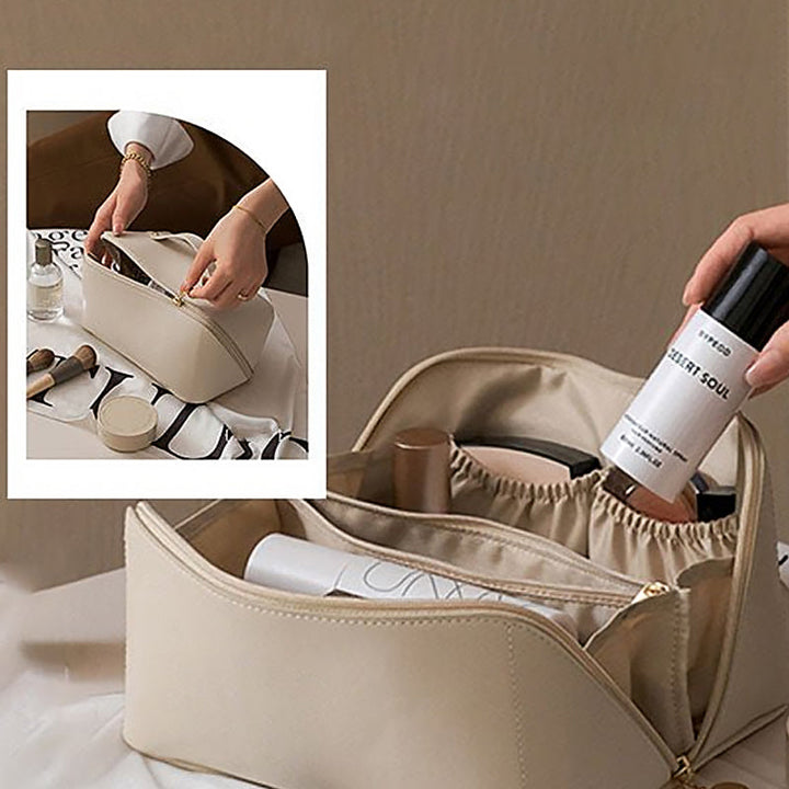 Detailed stitching on the PU leather of the unisex portable cosmetic organizer, showing quality craftsmanship.