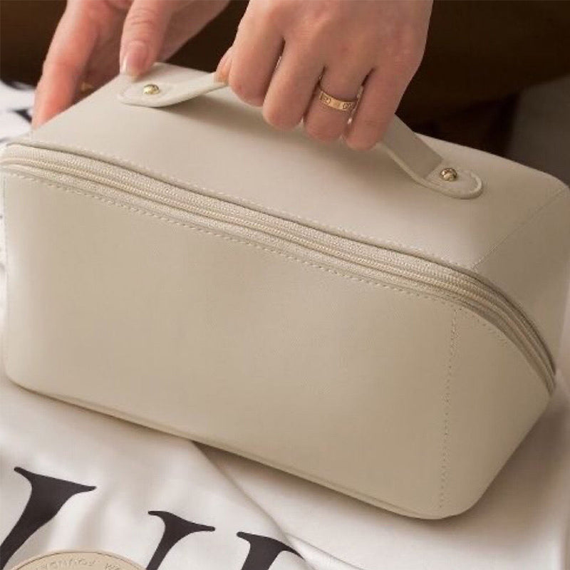 Close-up of the waterproof PU material of the unisex travel cosmetic bag, demonstrating durability.