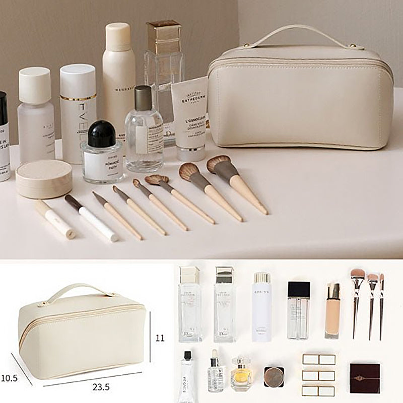 Inside view of a portable cosmetic bag with elastic straps and mesh pockets for organized storage.