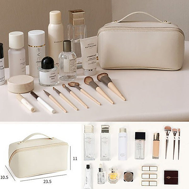 Inside view of a portable cosmetic bag with elastic straps and mesh pockets for organized storage.
