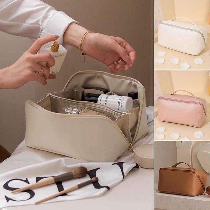 Unisex travel cosmetic storage bag placed on a hotel bathroom counter, ready for toiletries and makeup.