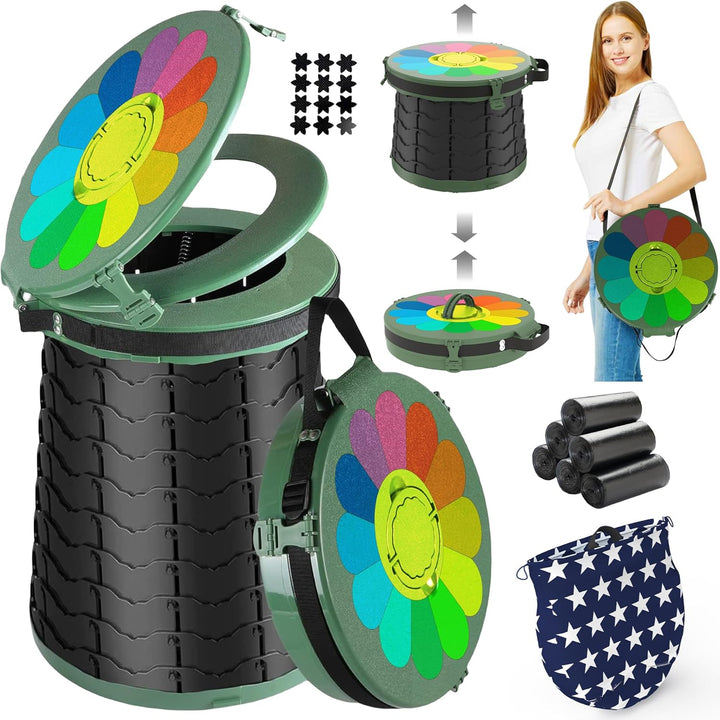 Unisex portable toilet, foldable with adjustable height, ideal for camping & outdoor travel.