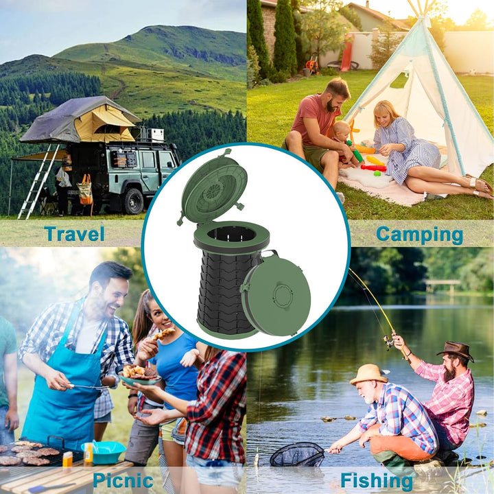 Adjustable height portable commode, essential for outdoor travel & personal hygiene.