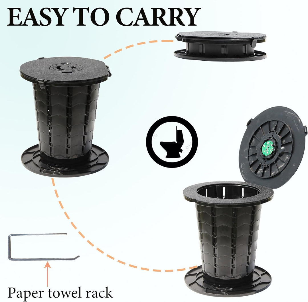 Adjustable portable commode, compact for emergency kits & outdoor adventures.