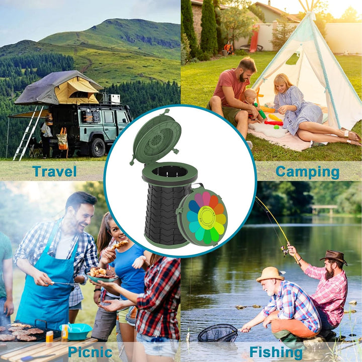 Compact foldable portable toilet, essential for camping, hiking & outdoor adventures.