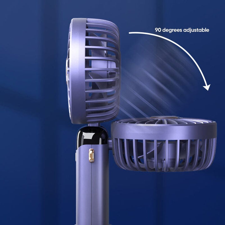 Rechargeable handheld fan with adjustable stand, suitable for desk or on-the-go use