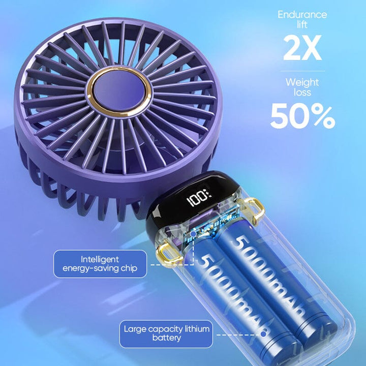 Hand holding a black USB rechargeable fan, showcasing its comfortable grip and portability