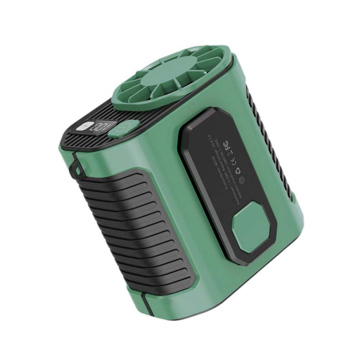 Compact personal cooler: waist-mounted fan with power bank & integrated flashlight.