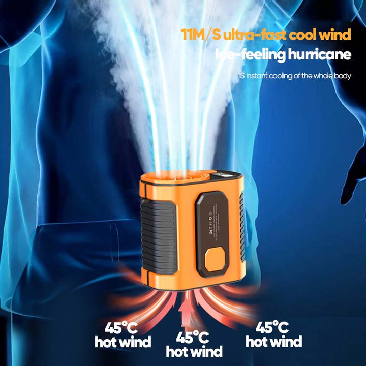 Portable USB fan attached to a waistband, providing cooling and light.