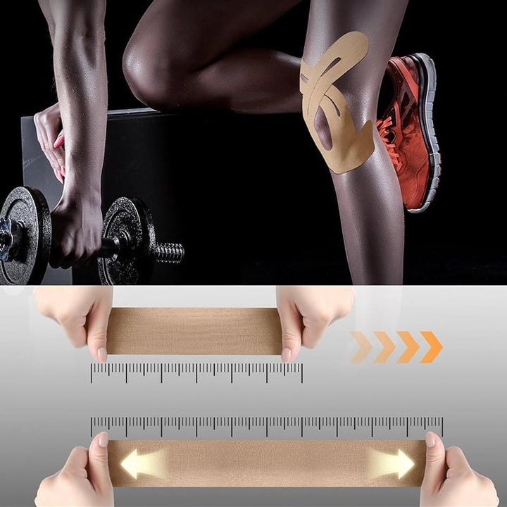 Purple pre-cut kinesiology tape supporting an athlete's knee for muscle support