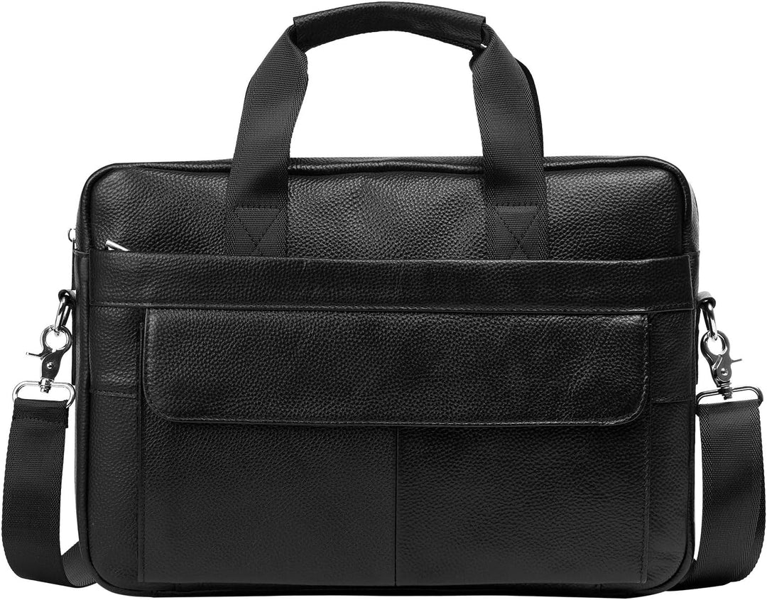 Organized 15" cowhide leather business satchel with multiple compartments for laptop & documents.