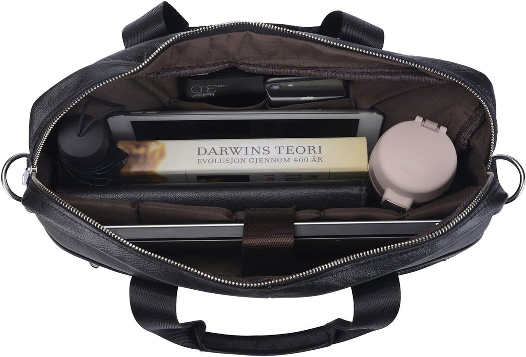 Durable 15-inch leather laptop bag for business travel, work, and organizing professional documents.