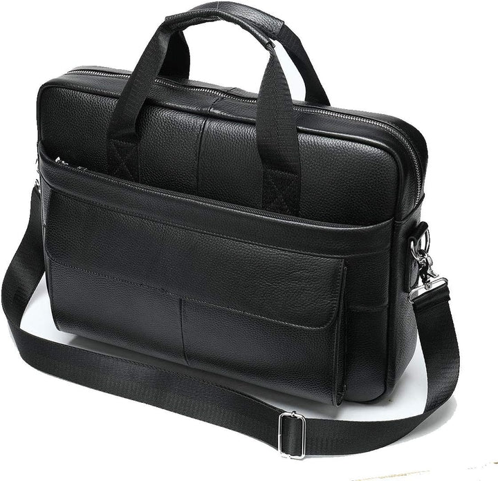 Genuine cowhide leather business briefcase, fits 15" laptop, ideal for professional work.