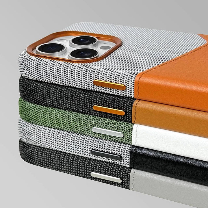 Detailed shot of the magnetic closure on a premium leather card holder, ensuring card security.