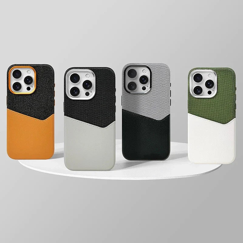 Back view of a smartphone with a tan premium leather magnetic card case, showing full coverage.