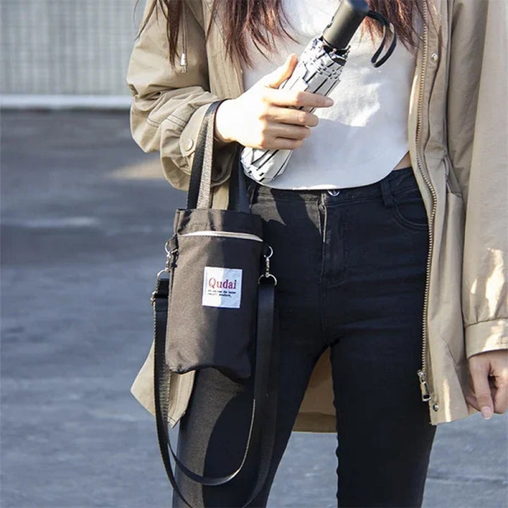 Stylish PU leather water bottle pouch, unisex for on-the-go hydration, black color.