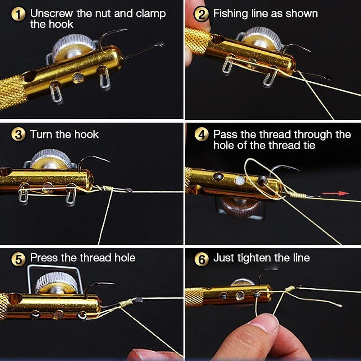 Fishing equipment: compact quick knot tying tool in hand, ready for fishing trip