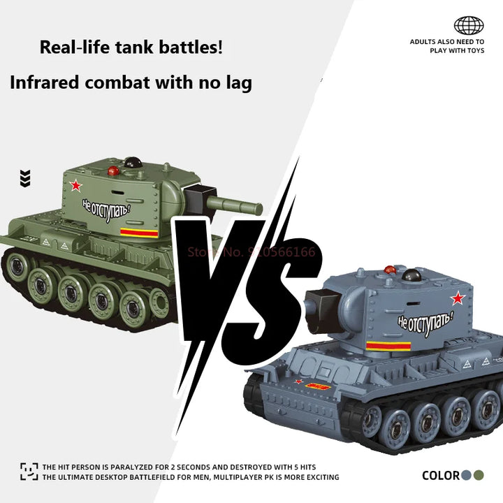 Infrared battle RC tank in action, ready for real-time combat. Fun remote control gaming toy for kids.