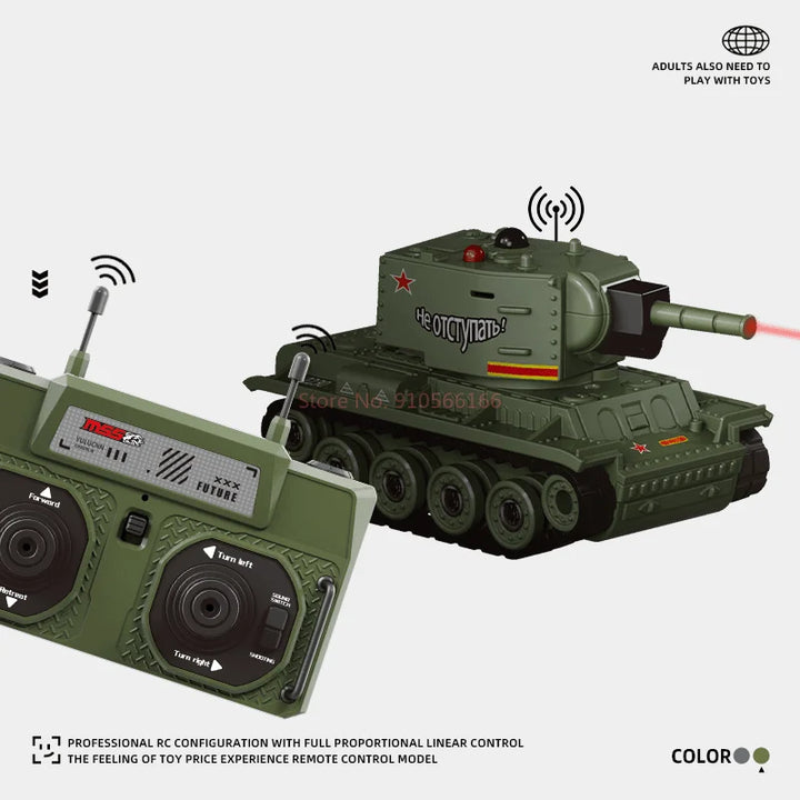Rugged remote control battle tank, part of the TrakBotix infrared combat toy series. Gaming action.