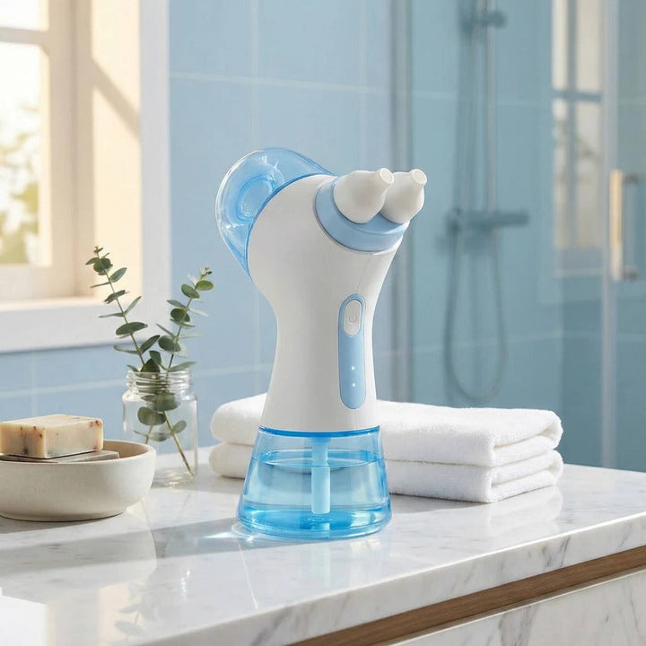 Sleek unisex dual-action nasal cleansing device, rechargeable for congestion & sinus relief. Promotes clear breathing.