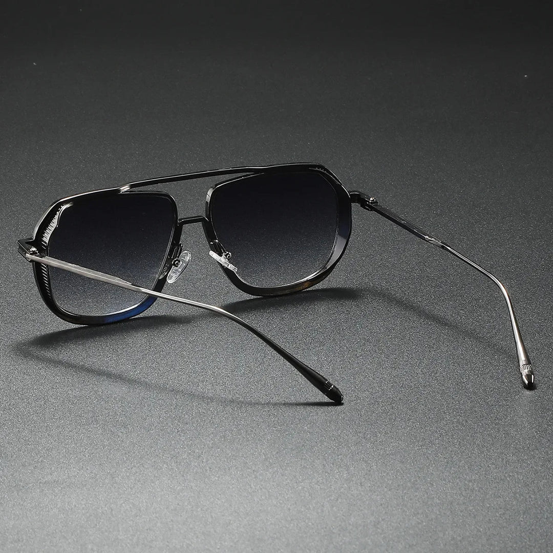 Close-up of lightweight unisex rectangular metal frame sunglasses, showing scratch-resistant mirrored lenses