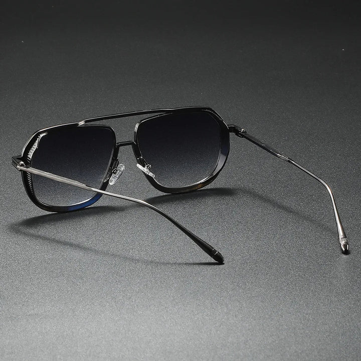 Close-up of lightweight unisex rectangular metal frame sunglasses, showing scratch-resistant mirrored lenses
